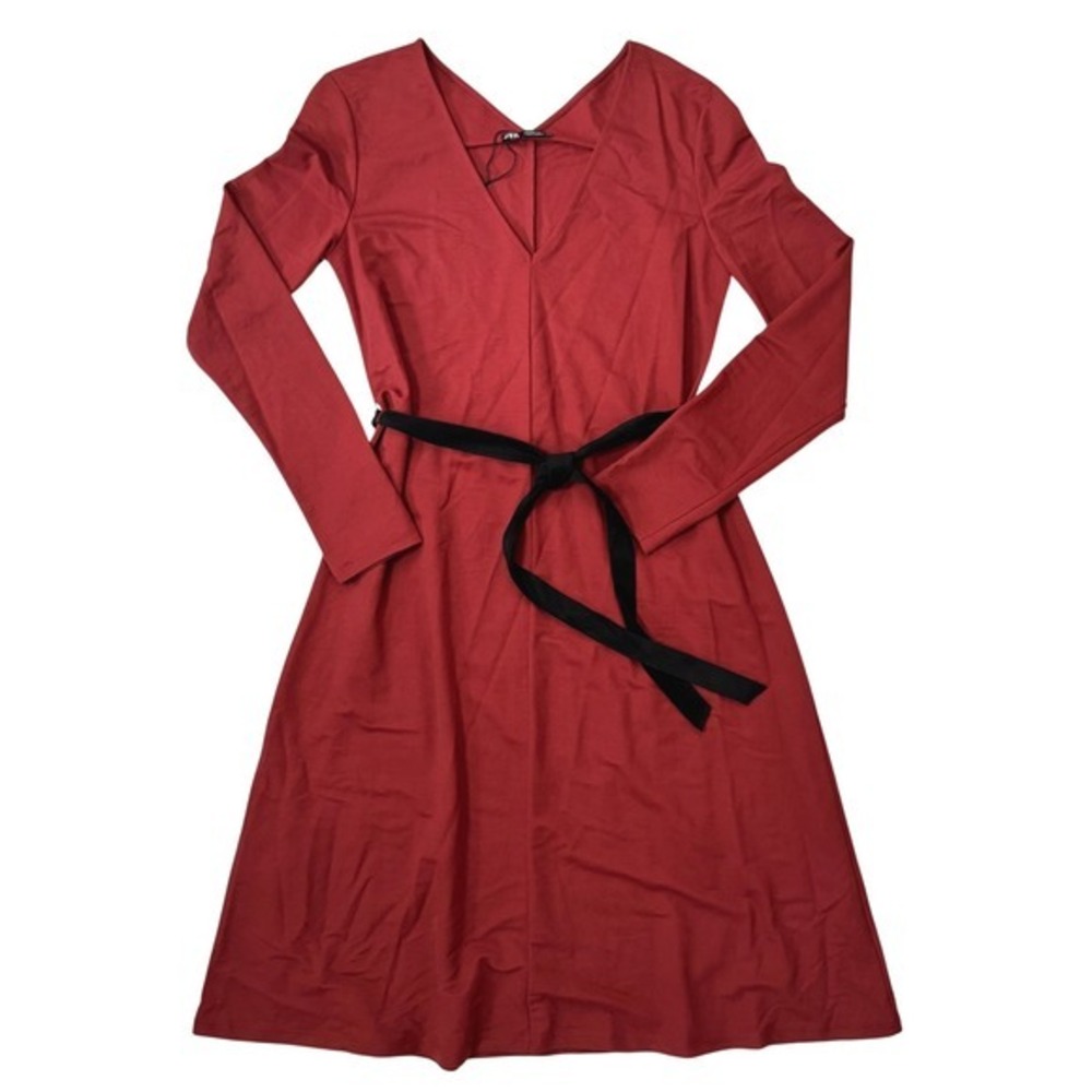 ZARA Rust Red Long Sleeve‎ V Neck Belted Midi Dress Size S